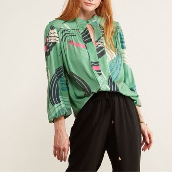 THE ODELLS WOMEN TOPS BLOUSES {$220} Poet Blouse Mystic Green Geometric Small - Picture 1 of 9